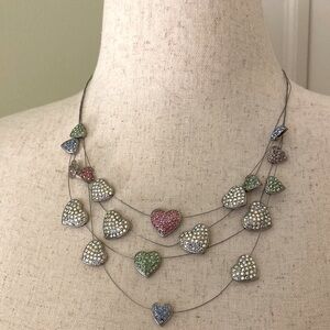 Floating 19 pastel pink/green/blue/white rhinestone hearts necklace